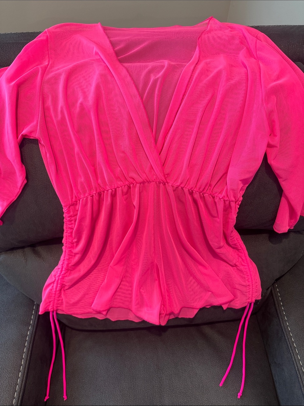 Women's Hot Pink V-Neck Drawstring Swim Cover Up Short Jumpsuit